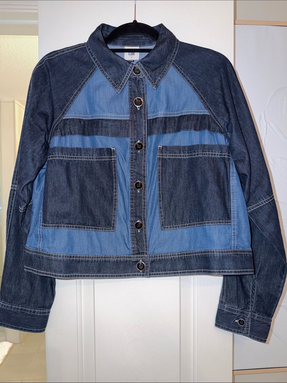 CAbi Composition Two-Tone Blue Patchwork Jacket. NWOT Size M